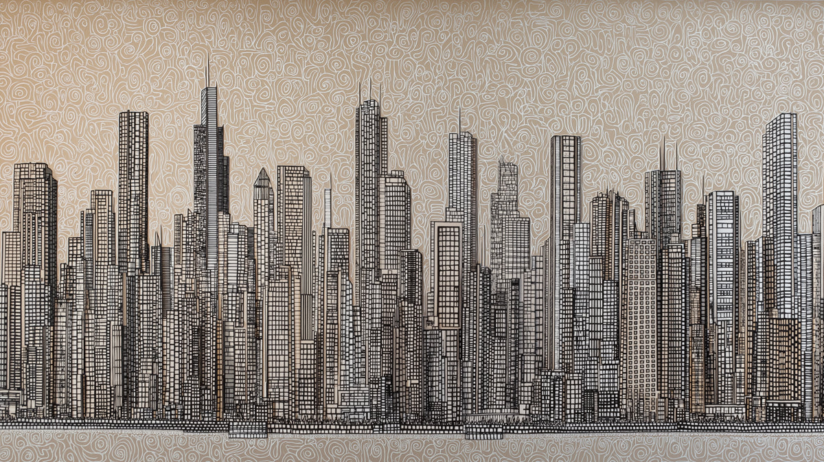 Intricate Ink Sketch Metropolis Wall Mural | High-Detail City Skyline & Abstract Swirl Texture Art