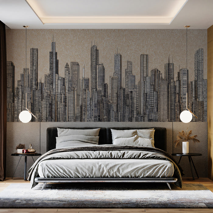 Intricate Ink Sketch Metropolis Wall Mural | High-Detail City Skyline & Abstract Swirl Texture Art