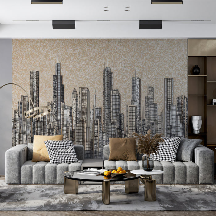 Intricate Ink Sketch Metropolis Wall Mural | High-Detail City Skyline & Abstract Swirl Texture Art