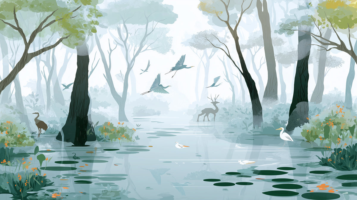 Enchanted Misty Wetlands Wall Mural | Serene Forest Wildlife & Ethereal Blue Nature Illustration