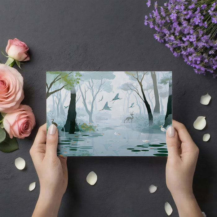 Enchanted Misty Wetlands Wall Mural | Serene Forest Wildlife & Ethereal Blue Nature Illustration