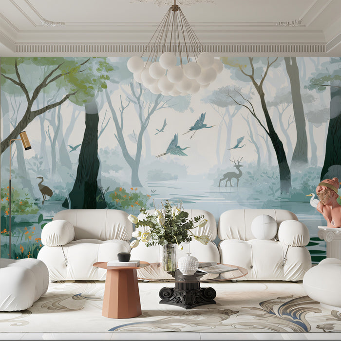 Enchanted Misty Wetlands Wall Mural | Serene Forest Wildlife & Ethereal Blue Nature Illustration
