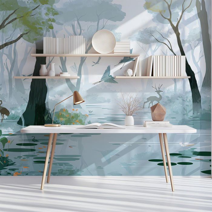 Enchanted Misty Wetlands Wall Mural | Serene Forest Wildlife & Ethereal Blue Nature Illustration