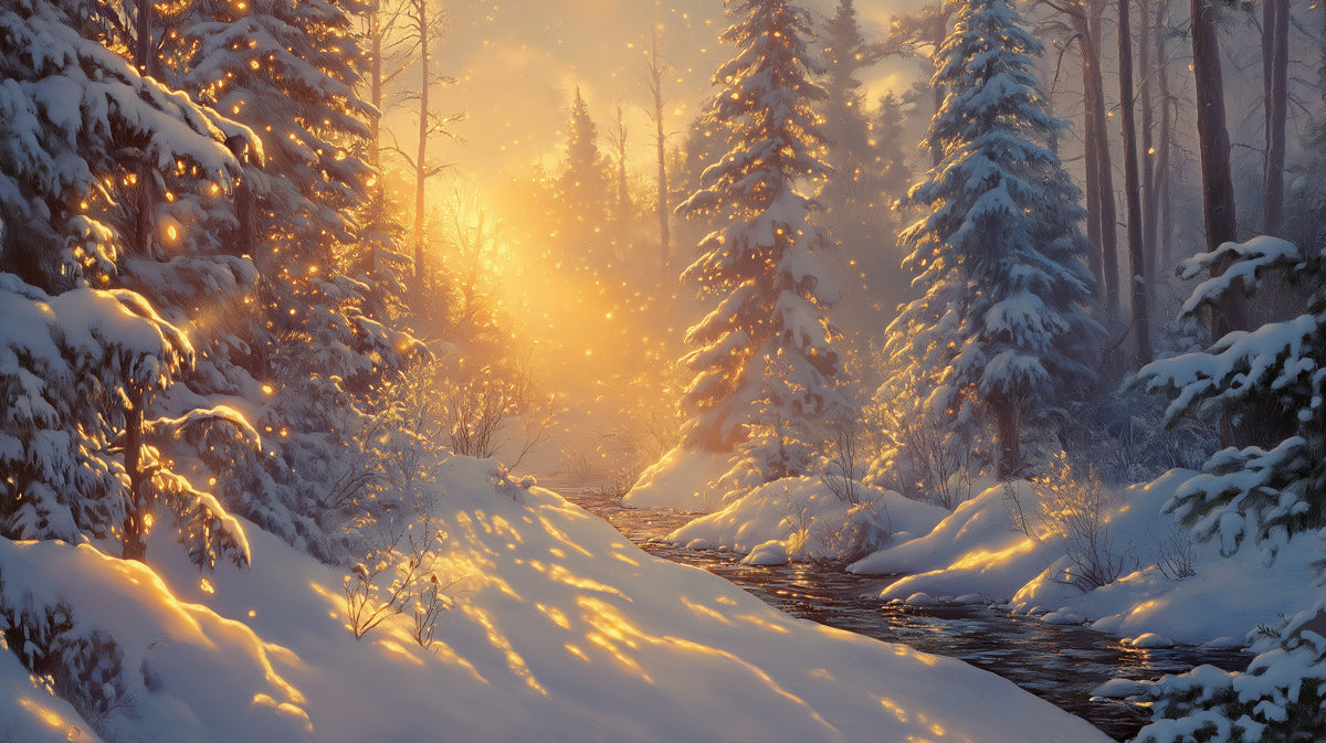 Golden Winter Solitude Wall Mural | Sun-Drenched Snowy Forest & Cinematic Evening Light Art