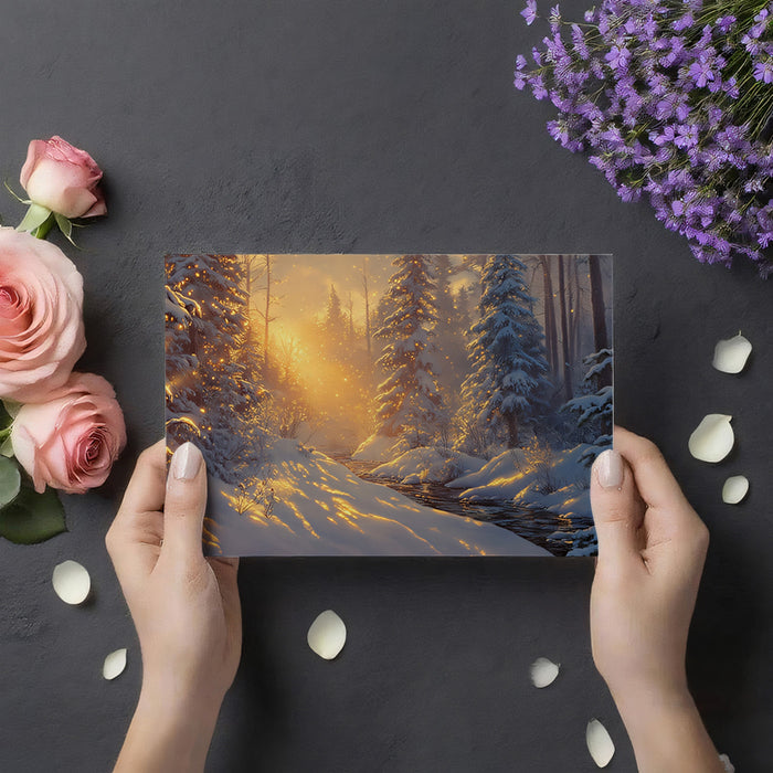 Golden Winter Solitude Wall Mural | Sun-Drenched Snowy Forest & Cinematic Evening Light Art