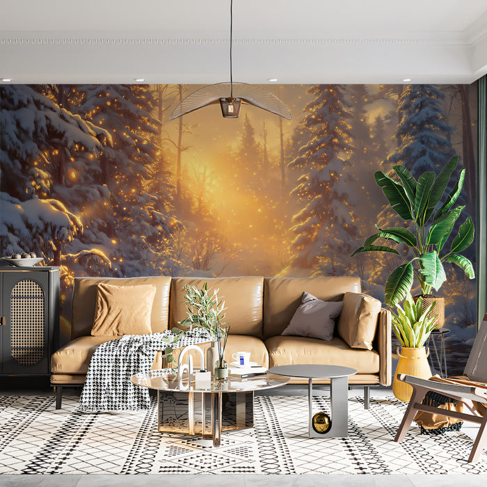 Golden Winter Solitude Wall Mural | Sun-Drenched Snowy Forest & Cinematic Evening Light Art