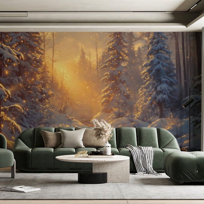 Golden Winter Solitude Wall Mural | Sun-Drenched Snowy Forest & Cinematic Evening Light Art