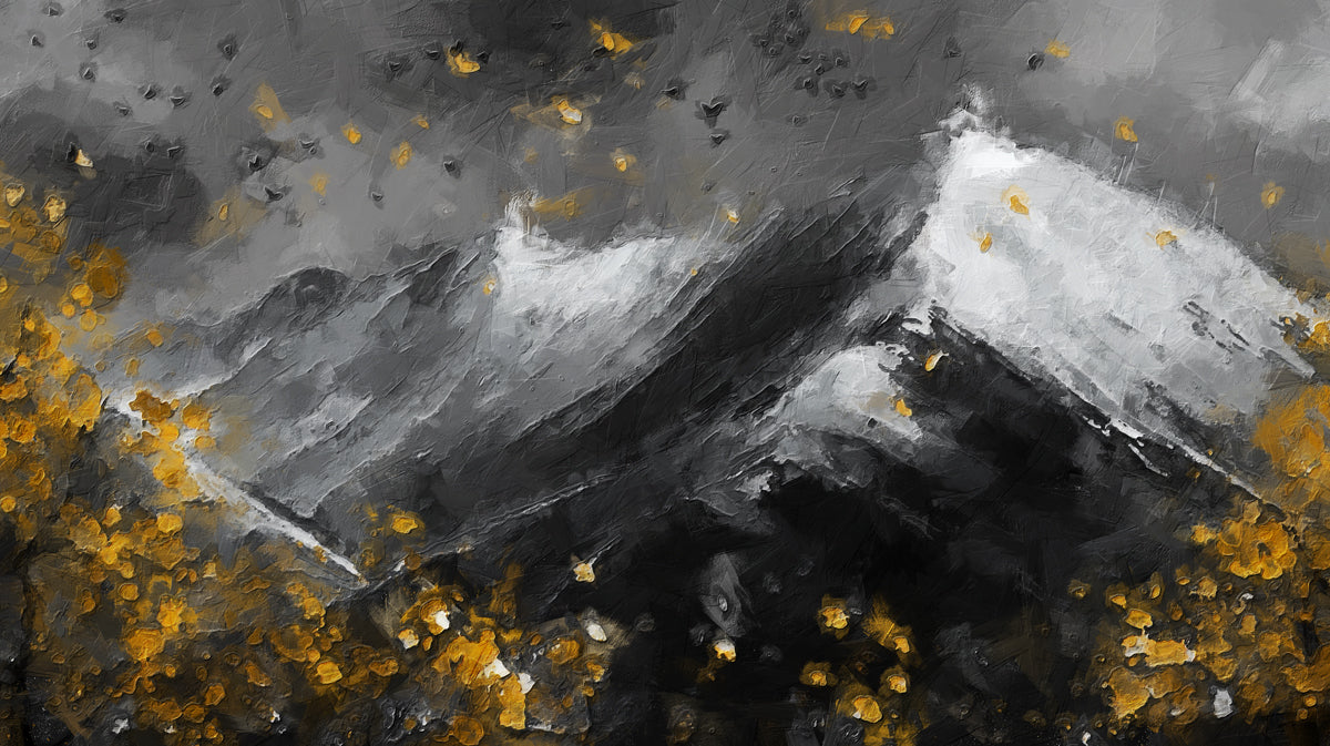 Dramatic Monochrome Peak & Gold Leaf Wall Mural | Modern Impasto Mountainscape & High-Contrast Art