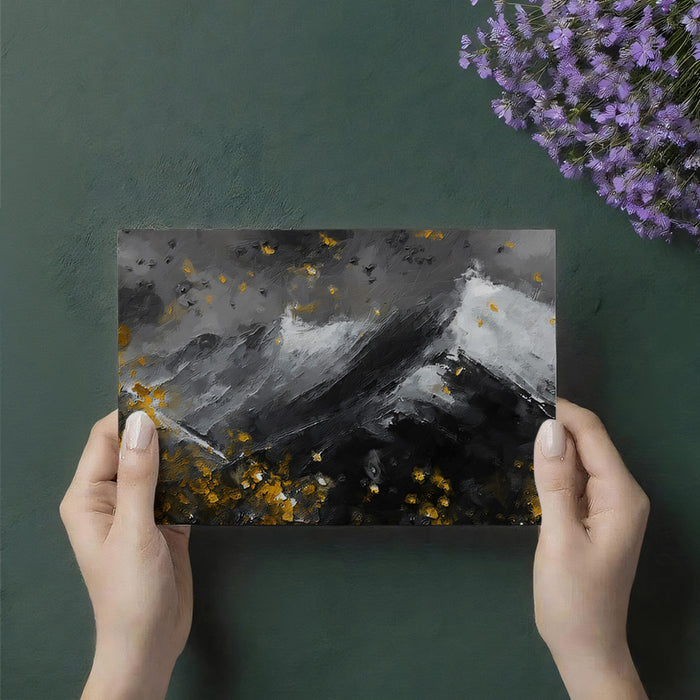 Dramatic Monochrome Peak & Gold Leaf Wall Mural | Modern Impasto Mountainscape & High-Contrast Art