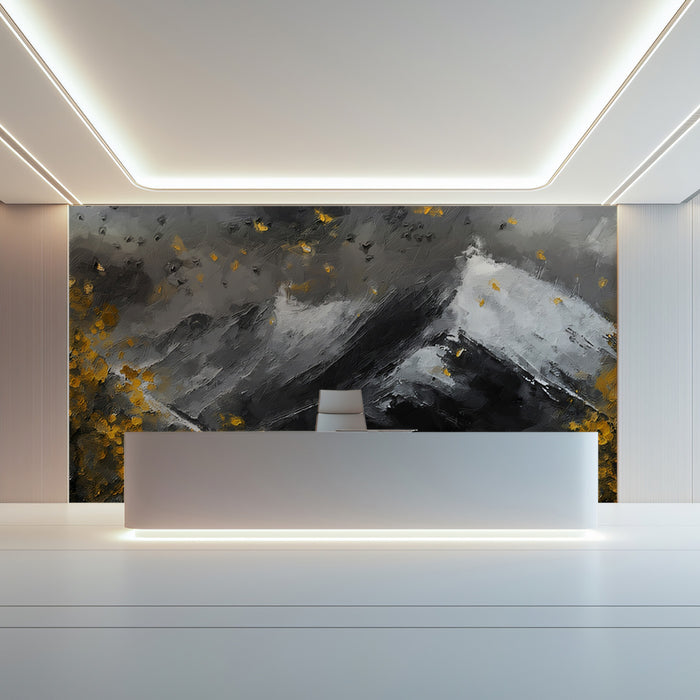 Dramatic Monochrome Peak & Gold Leaf Wall Mural | Modern Impasto Mountainscape & High-Contrast Art