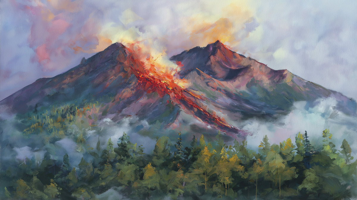 Radiant Volcano Peak Wall Mural | Dramatic Oil Painting Nature Scenery & Fiery Sunset Landscape