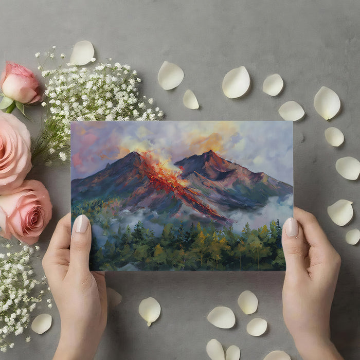 Radiant Volcano Peak Wall Mural | Dramatic Oil Painting Nature Scenery & Fiery Sunset Landscape