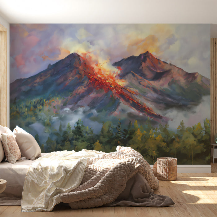 Radiant Volcano Peak Wall Mural | Dramatic Oil Painting Nature Scenery & Fiery Sunset Landscape