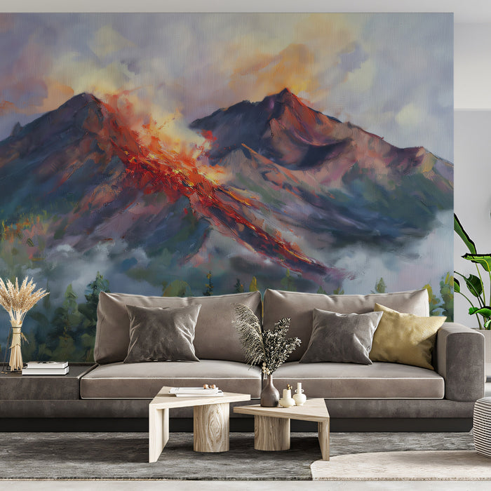 Radiant Volcano Peak Wall Mural | Dramatic Oil Painting Nature Scenery & Fiery Sunset Landscape