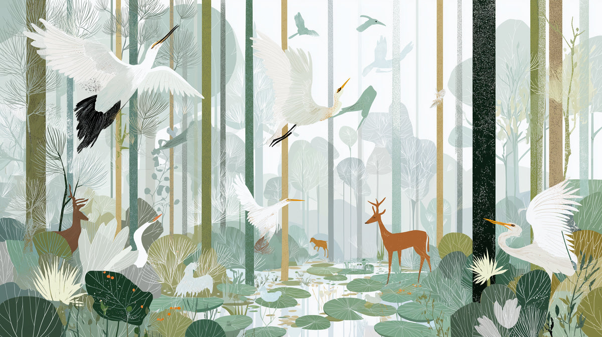 Enchanted Egrets Forest Wall Mural | Serene Teal Nature Illustration & Ethereal Wetland Wildlife Art