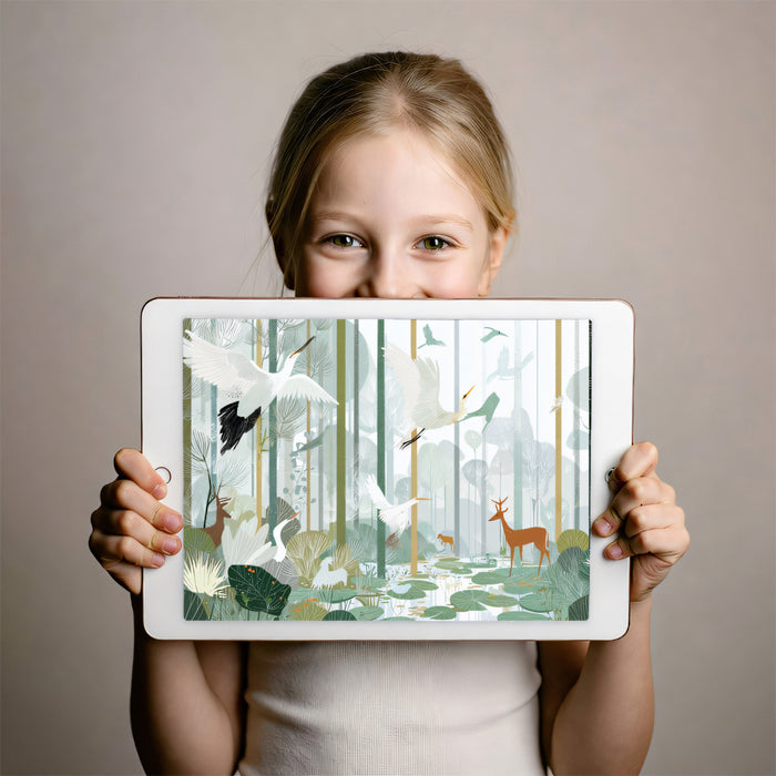 Enchanted Egrets Forest Wall Mural | Serene Teal Nature Illustration & Ethereal Wetland Wildlife Art