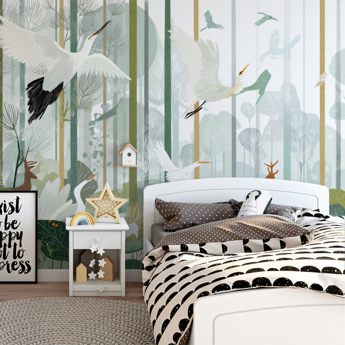 Enchanted Egrets Forest Wall Mural | Serene Teal Nature Illustration & Ethereal Wetland Wildlife Art