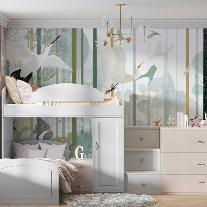 Enchanted Egrets Forest Wall Mural | Serene Teal Nature Illustration & Ethereal Wetland Wildlife Art