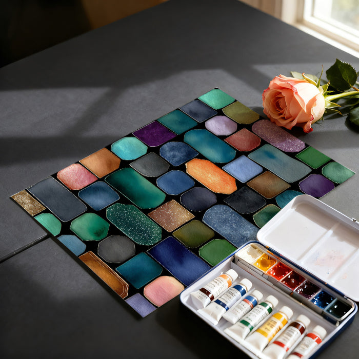 Abstract Watercolor Gemstone Grid Wall Mural | Modern Bohemian Texture & Vibrant Geometric Mosaic Art