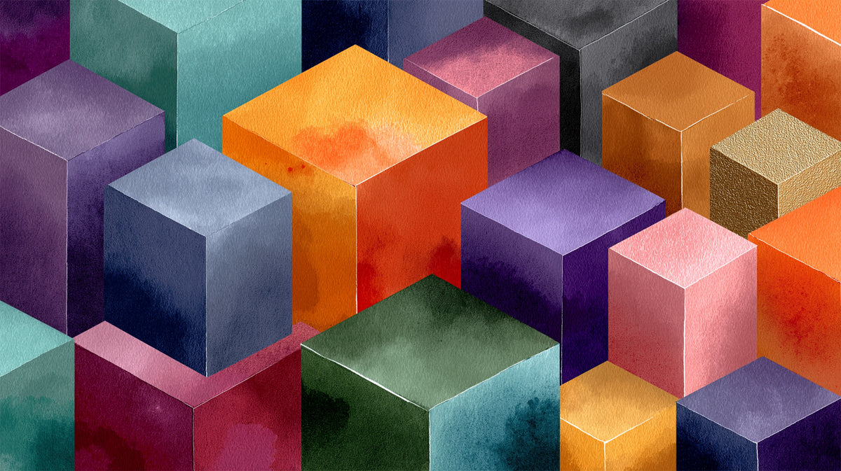 3D Watercolor Cube Landscape Wall Mural | Modern Geometric Architecture & Vibrant Color Block Art