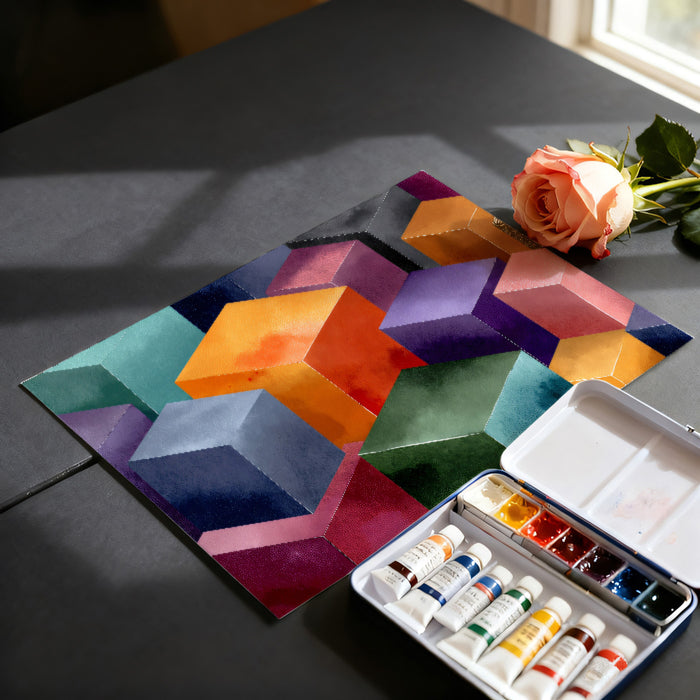 3D Watercolor Cube Landscape Wall Mural | Modern Geometric Architecture & Vibrant Color Block Art