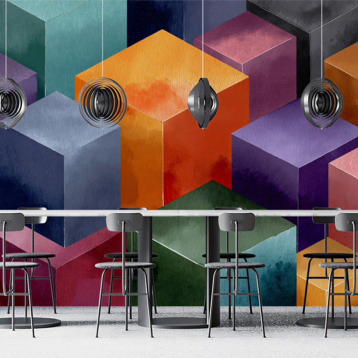 3D Watercolor Cube Landscape Wall Mural | Modern Geometric Architecture & Vibrant Color Block Art