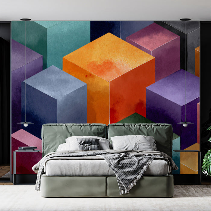 3D Watercolor Cube Landscape Wall Mural | Modern Geometric Architecture & Vibrant Color Block Art