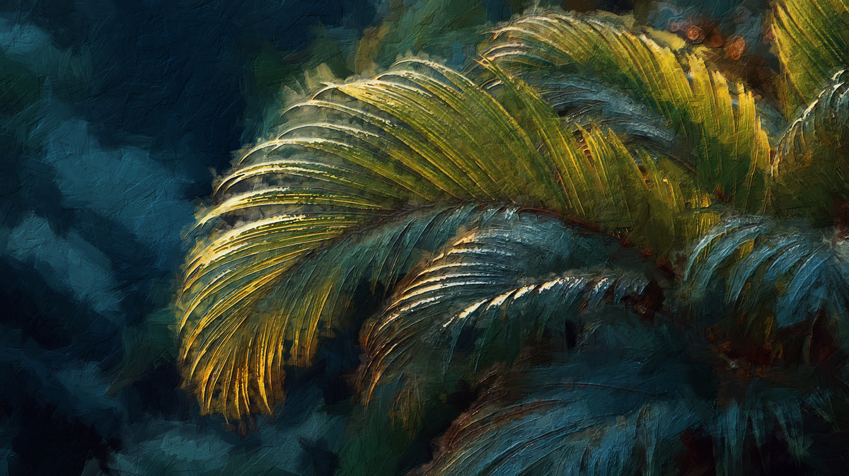 Lush Tropical Palm Impression Wall Mural | Moody Emerald Texture & Deep Jungle Nature Art