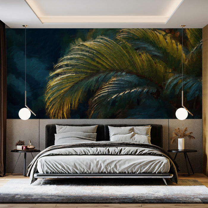 Lush Tropical Palm Impression Wall Mural | Moody Emerald Texture & Deep Jungle Nature Art
