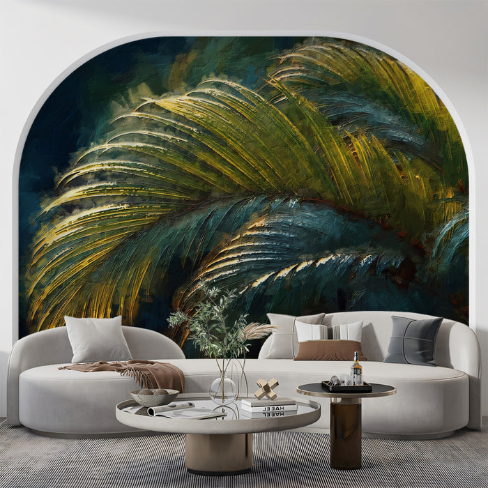 Lush Tropical Palm Impression Wall Mural | Moody Emerald Texture & Deep Jungle Nature Art