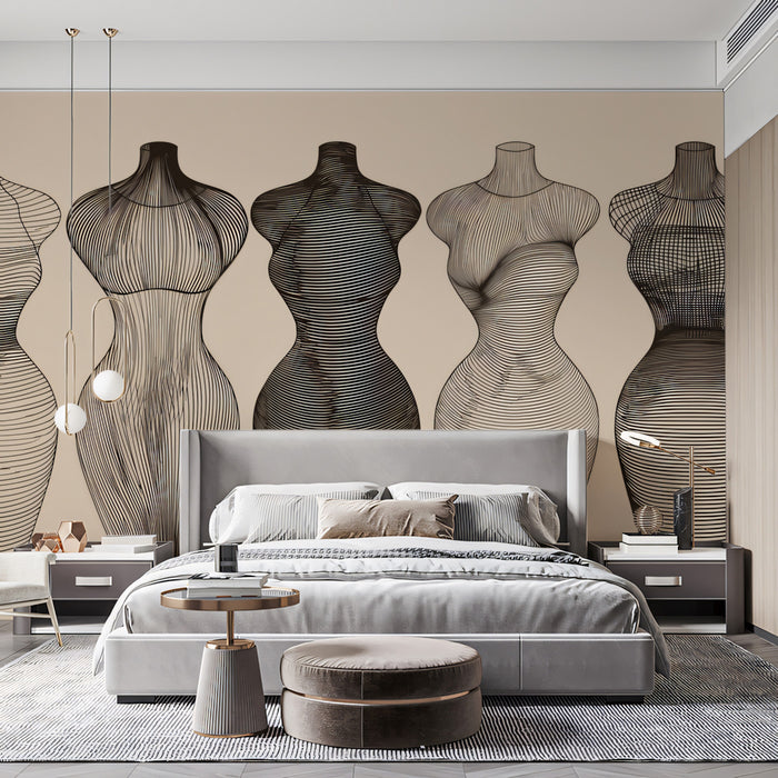 Modern Sculptural Mannequin Line Art Wall Mural | Elegant Fashion Silhouette & Minimalist Architectural Geometry