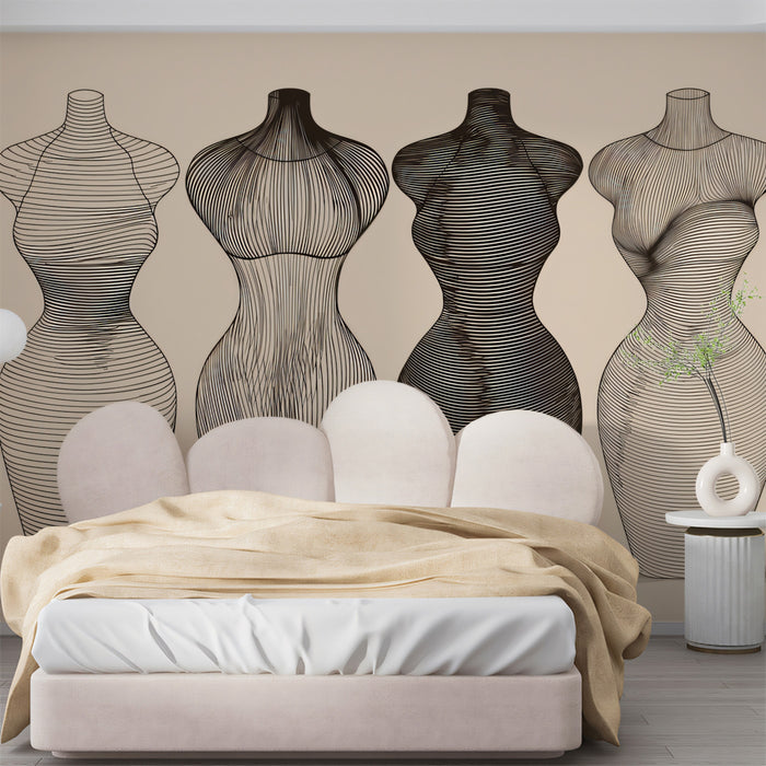 Modern Sculptural Mannequin Line Art Wall Mural | Elegant Fashion Silhouette & Minimalist Architectural Geometry