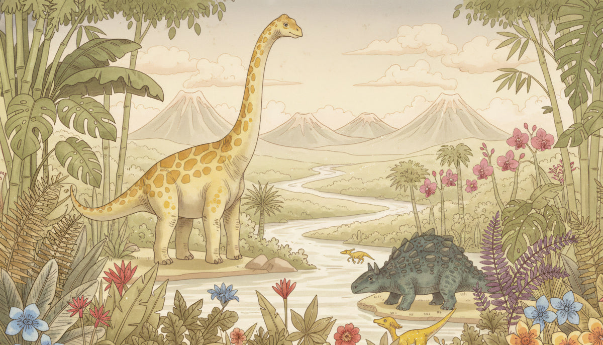 Jurassic Valley Dinosaur Adventure Wall Mural | Whimsical Hand-Drawn Nursery Art & Prehistoric Nature Scene