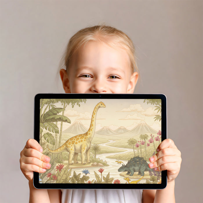 Jurassic Valley Dinosaur Adventure Wall Mural | Whimsical Hand-Drawn Nursery Art & Prehistoric Nature Scene