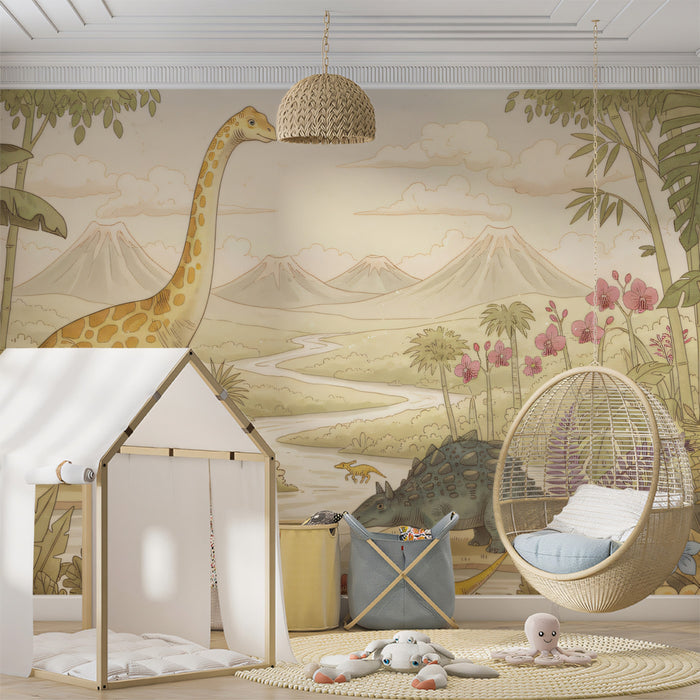 Jurassic Valley Dinosaur Adventure Wall Mural | Whimsical Hand-Drawn Nursery Art & Prehistoric Nature Scene