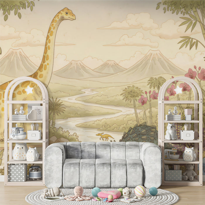 Jurassic Valley Dinosaur Adventure Wall Mural | Whimsical Hand-Drawn Nursery Art & Prehistoric Nature Scene