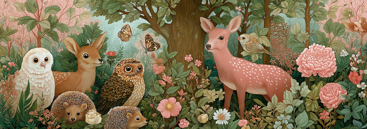 Enchanted Forest Friends Mural | Lush Floral Wildlife Illustration & Whimsical Deer & Owls Art