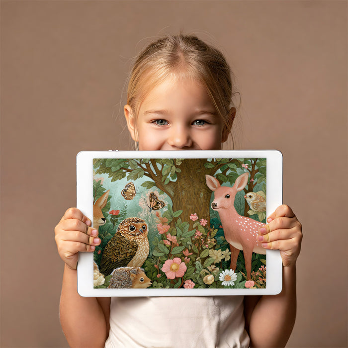 Enchanted Forest Friends Mural | Lush Floral Wildlife Illustration & Whimsical Deer & Owls Art