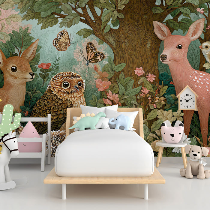 Enchanted Forest Friends Mural | Lush Floral Wildlife Illustration & Whimsical Deer & Owls Art