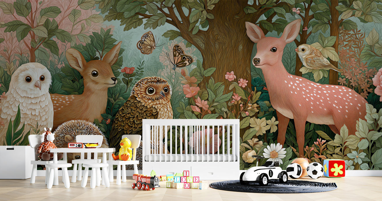 Enchanted Forest Friends Mural | Lush Floral Wildlife Illustration & Whimsical Deer & Owls Art