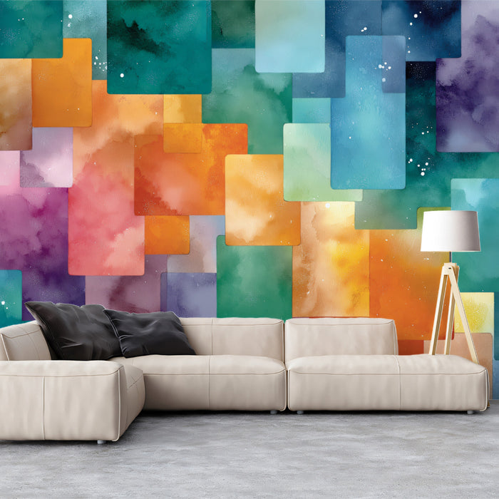 Abstract Watercolor Color Block Mosaic Wall Mural | Vibrant Artistic Grid & Modern Ethereal Texture Art