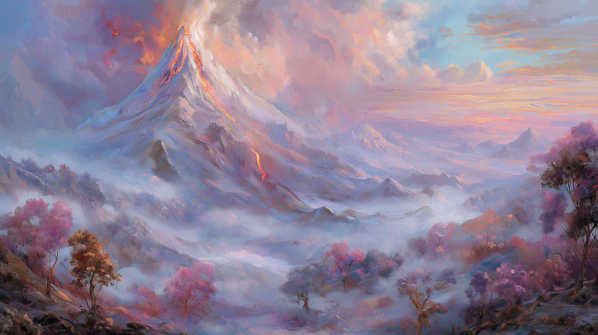 Dreamy Erupting Volcano Fine Art Wall Mural - Surreal Pastel Landscape Large Wall Hanging