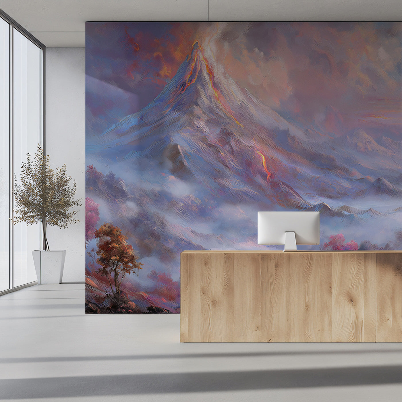 Surreal Erupting Volcano Mural Wallpaper in Pastel Tones — Vivawalls Store