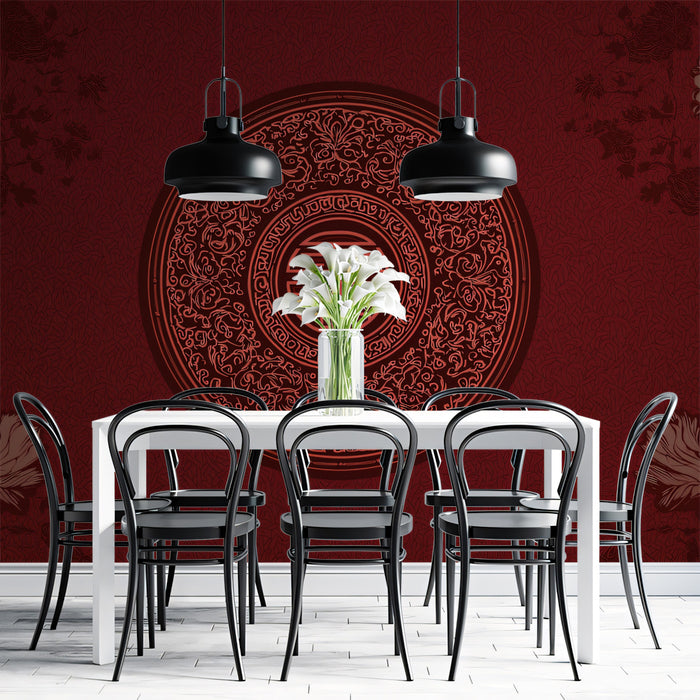 Imperial Red Chinese Heritage Wall Mural - Traditional Longevity Pattern Silk Texture Wallpaper