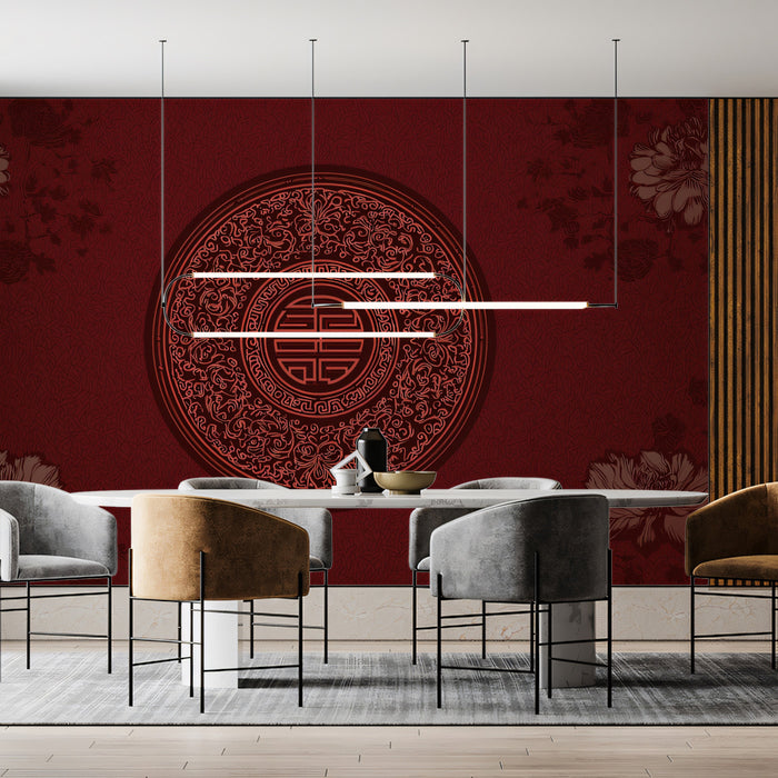 Imperial Red Chinese Heritage Wall Mural - Traditional Longevity Pattern Silk Texture Wallpaper