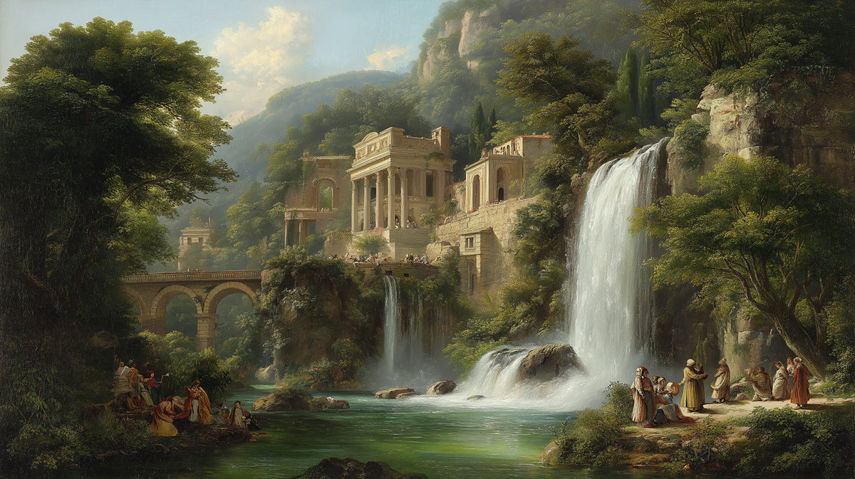 Classical Roman Ruins & Waterfall Landscape - Romantic Oil Painting Mural