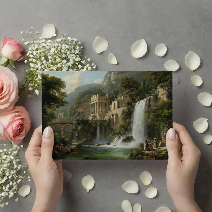 Classical Roman Ruins & Waterfall Landscape - Romantic Oil Painting Mural