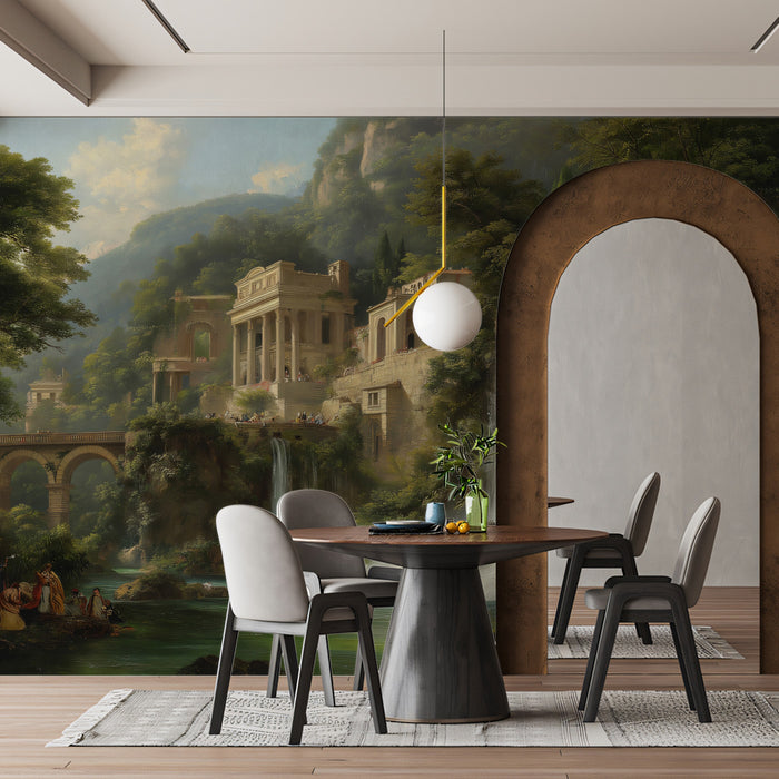 Classical Roman Ruins & Waterfall Landscape - Romantic Oil Painting Mural