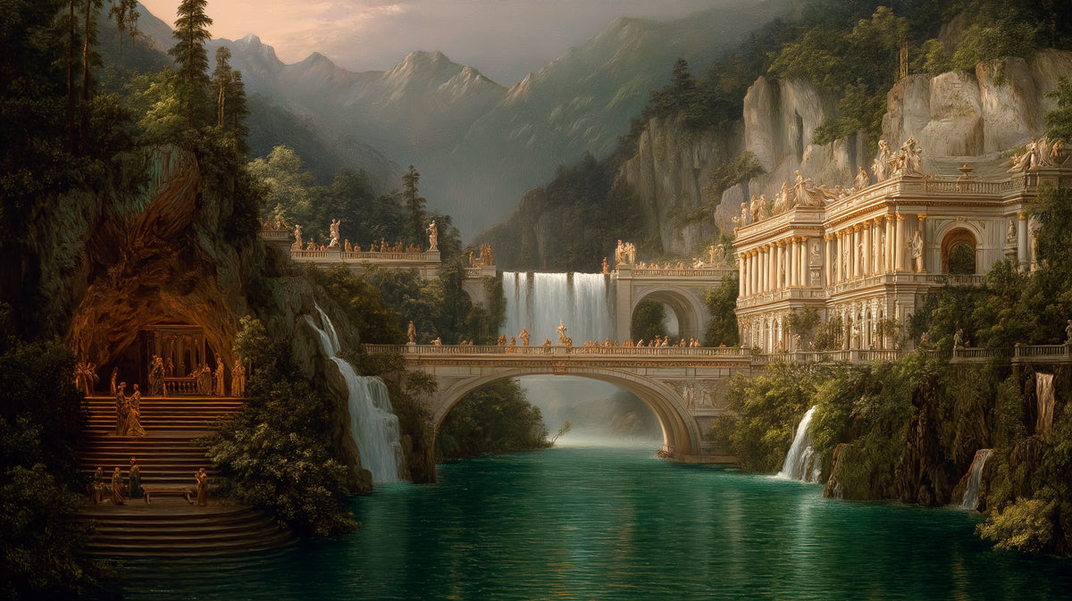 Grand Mythical Palace & Waterfalls - Fantasy Landscape Mural