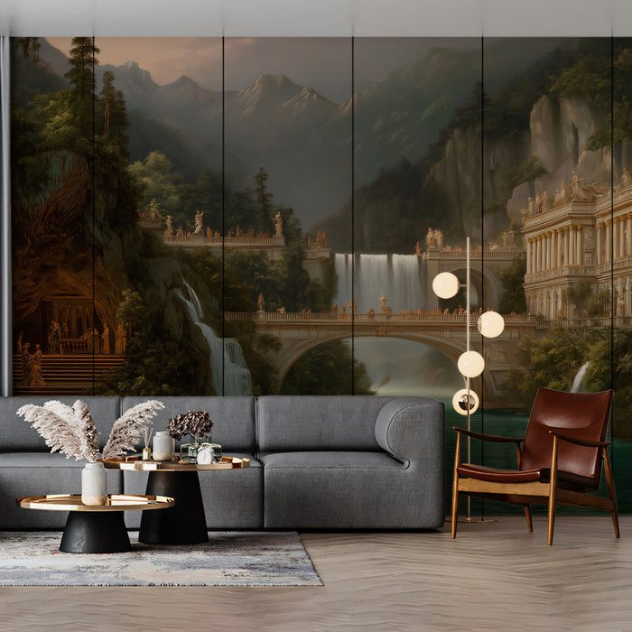 Grand Mythical Palace & Waterfalls - Fantasy Landscape Mural